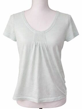 Talbots Super Soft Tee Green & White Smocked Neckline Petites Small SP S P